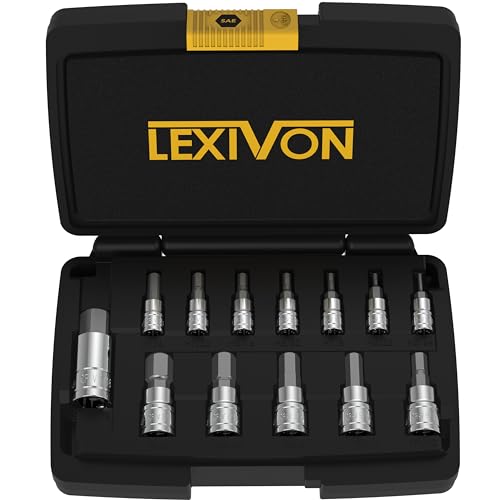 LEXIVON Set de 13 Douilles à 6 pans intérieurs | SAE Impériales taille de 5/64’’ à 9/16’’ | Jeu de hex douilles à embouts, entraînement 1/4 3/8 1/2 pour clés dynamométriques et perceuses (LX-142)