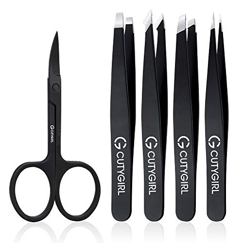 Tweezers Set 5-Piece - Professional Stainless Steel Tweezers with Curved Scissors, Best Precision