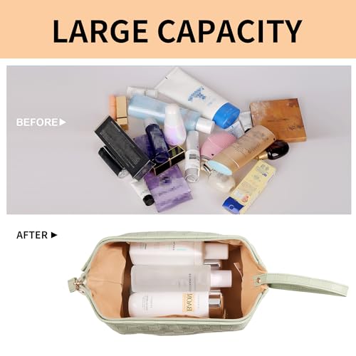 Abiudeng Makeup Bag Travel Make up Bag Large Capacity Toiletry Organizer Bags with Compartments for Women Portable PU Waterproof Cosmetic Bags-C-Green - Image 4