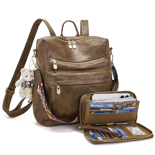 Image of Soperwillton Women Backpack Purse Shoulder Handbags Travel Bag Set 2pcs | Soft PU Leather,Large Capacity,Many Pockets,with a Functional Wallet,with a Detachable Shoulder Strap,Multipurpose Design