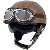 Motor Half Helm Leer, Duitse Stijl Half Shell Helm Met Retro Bril, Half Gezicht ECE DOT Goedgekeurde Helm, Open Schedel Cap Helm, Half Locomotief Helm Mannen Vrouwen (Color : B, Size