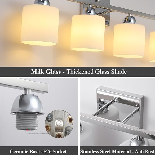 Image of Mecgirn Stainless Steel Milk Glass Vanity Lights for Bathroom, 4 Light Chrome Bathroom Light Fixtures Over Mirror, Ceramic E26 Sockets Wall Mounted