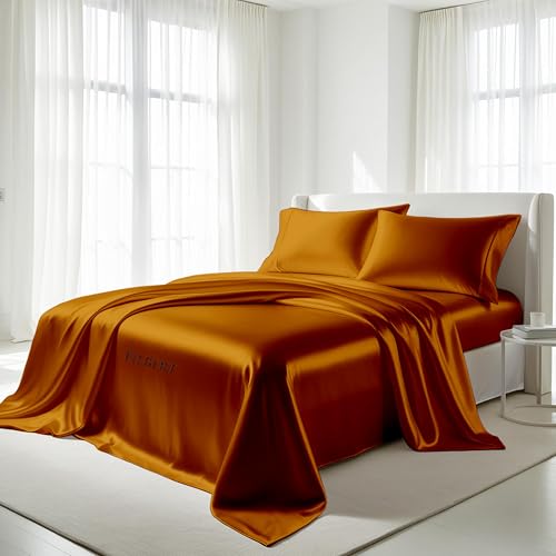 Image of Filbert Satin Bedsheet with 2 Pillow Covers | 90x100 in | 300 TC | Midnight Luxe Satin Dreams Collection for Double Bed | UltraSatin Premium Bedding Set | Copper