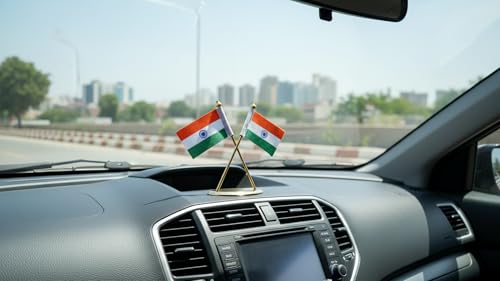Image of ZAHEPA Flag for Car Dashboard, Khadi Fabric decorative Flag with Gold Plated Metal Cross Base, Office Desk Accessory, Tabletop Decoration for Home, Office & Corporate Use, Gift for Professionals