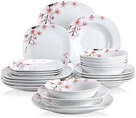 VEWEET, Series Annie, 24-Piece Ivory White Ceramic Porcelain Dinnerware Set with Pink Floral Pattern, Including Dinner Plates, Dessert Plates, Soup Plates and Bowls, Service for 6