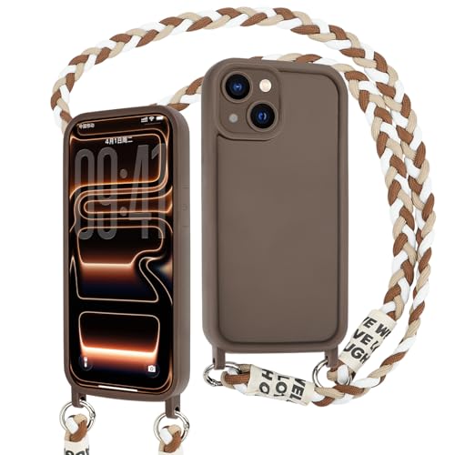 AICISINGN Handyhülle für iPhone 14 Hülle mit Band Handykette Schutzhülle mit Handyband Hülle mit Abnehmbar Kordel Kette zum Umhängen Stoßfeste Kameraschutz Case für iPhone 14 Braun 01