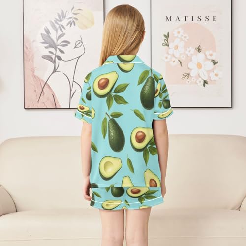 Satin Pajama Sets Short Sleeve Avocado Pattern Design Button Down Silky Nightwear 2 Piece PJS 5-14Y4