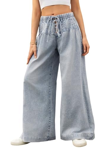 LONGBIDA Wide Leg Jeans Women Stretch High Waisted Drawstring Elastic Waist Flare Denim Pants