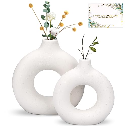 Vase Decoratif en Ceramique,Lot de 2 Vase De Forme Ronde d&rsquo;art Moderne,vases en céramique en Donut Blanc pour La Décoration Salon,Chambre à Coucher,Mariage,Table à Manger,Bureau