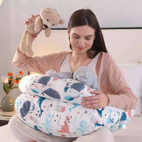 Image of Proliva Feeding Pillow for New Born Baby with Detachable Cover Breast Feeding & Maternity Nursing Pillow for Breastfeeding Support for Baby Feeding Pillow for Mom (Off White-Dolphine-A2)