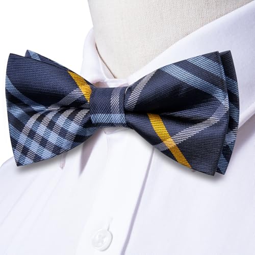 Image of Hi-Tie Plaid Blue Orange Bow Ties for Men Handkerchief Lapel Pin Cufflinks Mens Bowtie Sets for Wedding Formal Party