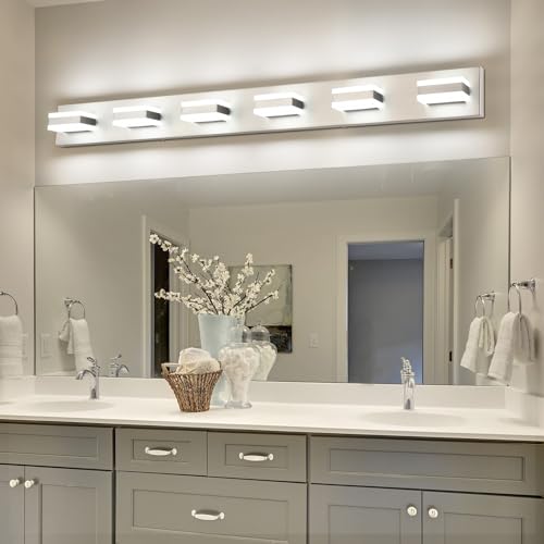 Image of SOLFART LED Modern Bathroom Vanity Lights Over Mirror Fixture Brushed Nickel Vanity Light 6 Light LED Nickel Wall Light ETL Listed