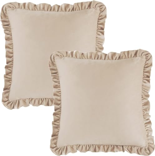 Image of Velvet Beige 12x12 Pillow Covers, Set of 2 Decorative Ruffle Cushoin Pillow Covers for Sofa Couch