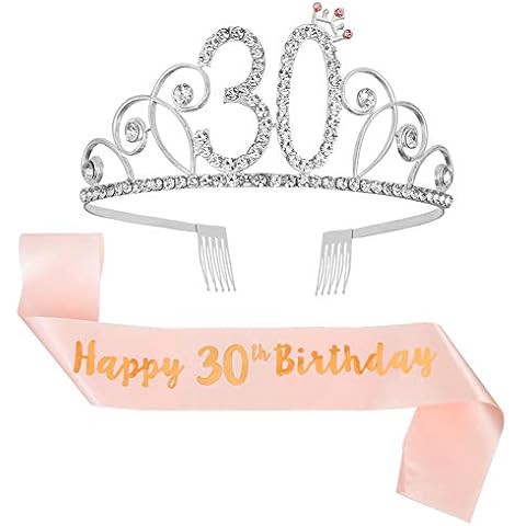 Rose Gold 30th Birthday Sash and Birthday Tiara Rhinestone Crown Headband for 30 Birthday Gift Party Accessories,30th Birthday Decoration Girls Women Cover