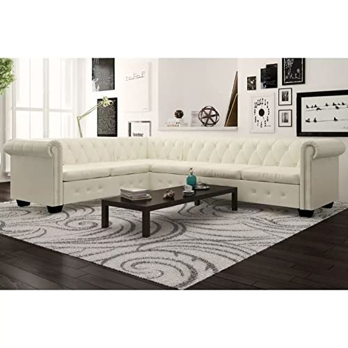 Gecheer Sofá de Esquina Chesterfield Sofá de Salón con Estructura de Madera para Hogar o Oficina,Estilo de Lujo y Clase,Tapicería de Cuero Artificial, 6 plazas Cuero Artificial Blanco