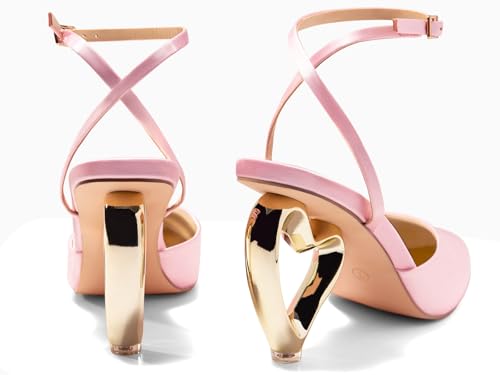 Image of Coutgo Womens Kitten Heels Closed Pointed Toe Heart Heel Ankle Strap Satin Pumps Wedding Prom Dress Valentine Shoes