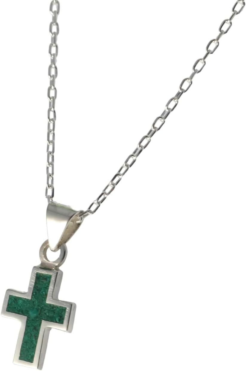 Sterling Silver 925 Gemstone Cross Handmade Pendant Necklace with Silver Chain for Women Men - Available in Blue Turquoise, Navy Blue Lapis Lazuli, Green Malachite, Black Stones