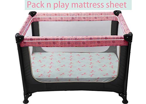 Tontukatu Pack N Play Stretchy Fitted Playard Sheet Set 2 Pack Jersey Knit Ultra Soft For Baby Girl Portable Mini Crib Sheets,Convertible Playard Mattress Cover,Flamingo Elephant Horse Lt Green Pink #TOP1