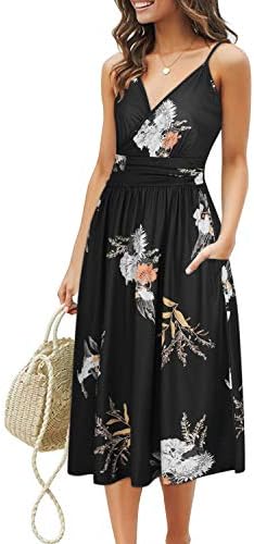 OUGES Women's Summer Spaghetti Strap V-Neck Floral Midi Casual Dress with Pockets(Floral03-452,S)