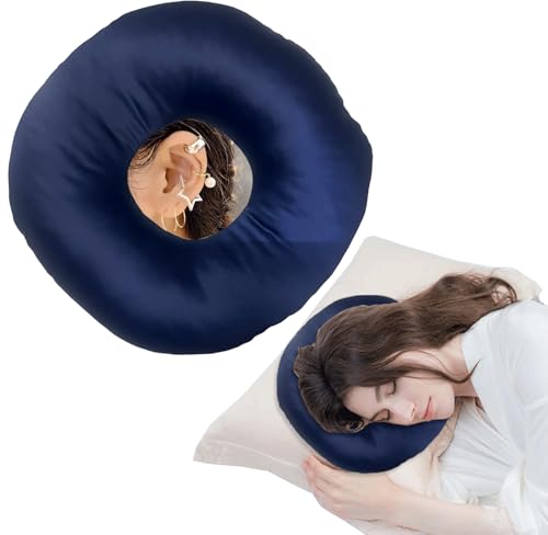 GCHC-CYL Ear Piercing Pillow for Side Sleepers?Donut Pillow with Ear Hole Ear Covers for Sleeping ?Pillow with arm Hole?Ear Guard Pillow for Ear Pain Ear Pressure (Blue- Silky Satin)