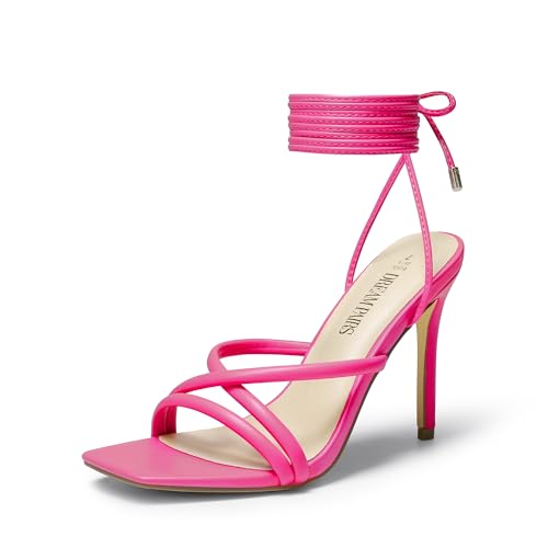 DREAM PAIRS Heels for Women Strappy High Stiletto Lace Up Heeled Sandals Square Open Toe Heels for Prom Party Dating 7.5 Hot Pink-pu