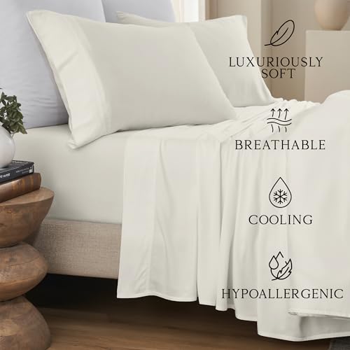 Image of KARISSA MAE Luxury Bamboo Viscose Split King Size Sheet Set, FSC Certified | Includes 2 Twin XL Fitted Sheets | Sleep Number & Adjustable Bed | Cooling | 18 inch Deep Pocket w / Corner Straps [Ivory]