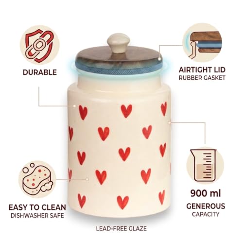 Image of Airtight Ceramic Jars (Pack of 2) - 900ml Each - Wooden Lid - Kitchen Containers for Sugar, Tea, Salt, Pickles, Pulses & More (Red Heart)