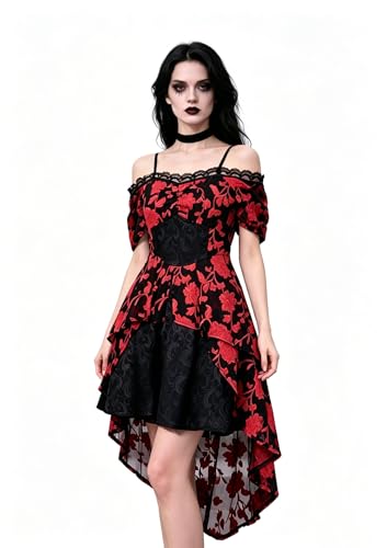 ANINECT Gothic Victorian Off-Shoulder Dress, Red and Black Floral Embroidered Mesh, Multi-Layer Ruffled High-Low Hem (X-Large)