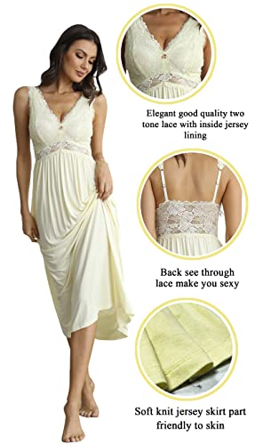 Alcea Rosea Womens Sleepwear Lace Lingerie Chemises V Neck Nightgown Long Sexy Sleep Dress Sleeveless Lace For Women Elegant (Light Yellow, Xl) #TOP2