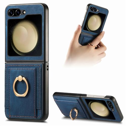 Étui Portefeuille Pliable Cuir Samsung Galaxy Z Flip 5 Bleu Housse Protection Retro