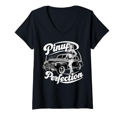Mujer Pinup Perfection Vintage Car And Retro Girl Graphic Camiseta Cuello V