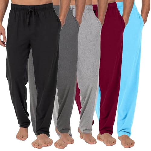 5-Pack Men's Classic Lounge Pajama Pants - Soft Cotton Blend, Elastic Waistband with Drawstring, Relaxed Fit