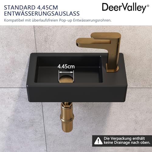 DeerValley Mały zlew łazienkowy dla gości WC DV-1V0091R zlew czarny matowy prostokątny ceramiczny wiszący do umywalki łazienkowej zlew ręczny, toaleta, 365 x 180 x 90 mm, kran prawy