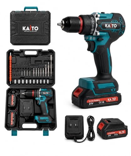 Image of KAITO 10mm Cordless Drill Machine Kit | 21V Li-ion, 2 Batteries + Charger | 2000 RPM, 3-in-1 Drill /Driver /Hammer | Metal Chuck, High Torque | Wood, Metal & Wall Drilling Tool Set