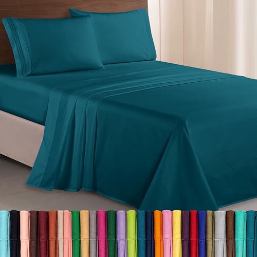 Image of Elegant Comfort Luxurious 1500 Premium Hotel Quality Microfiber Three Line Embroidered Softest 4-Piece Bed Sheet Set, Wrinkle and Fade Resistant, Full, Marine Teal