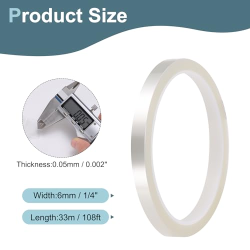 Image of HARFINGTON 2 Rolls High Temperature Masking Tape 1 /4 inch x108ft(6mmx33m) 0.05mm Thick PET Film Silicone Adhesive Heat Resistant Tapes for Heat Press Anodizing Circuit Board, Transparent