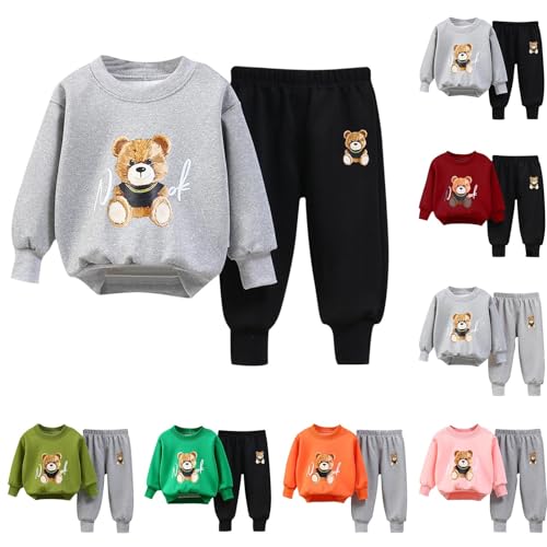 2-3 Years Baby Boys and Girls Teddy Bear Cute Set Long Sleeves Crewneck Sweatshirt and Sweatpants Two-Piece Outfits Gray