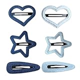 6PCS Denim Blue Hair Clips for Girls - Heart Star Teardrop Shapes, Y2K Snap Clips Cute Solid Color Hairpins Fashion Cowgirl Denim Accessories for Women