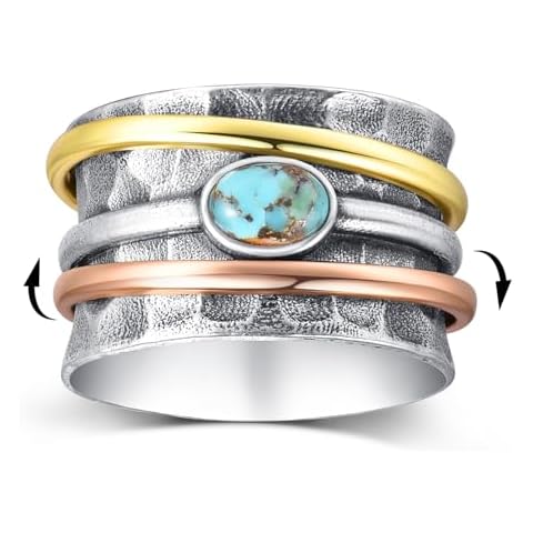 AVECON Turquoise Spinner Ring 925 Sterling Silver Fidget Rings Women Tricolor Anxiety Relief Rings Wide Statement Band Rings Jewelry for Women Size 6-10 (Tricolor ring, 8) Cover