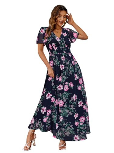 Simplee Maxikleid für Damen, Boho-Stil, Blumenmuster, fließend, lässig, V-Ausschnitt, kurze Ärmel, Hochzeit, Gast, Urlaub, Strand, langes Kleid, 1...