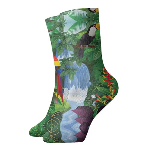 Image of DUWAA Macaw And Toucan Perching Of American Rainforests Print Unisex Casual Half Socks, Socks Breathable Comfort Crew Socks Soft Moisture Wicking Daily