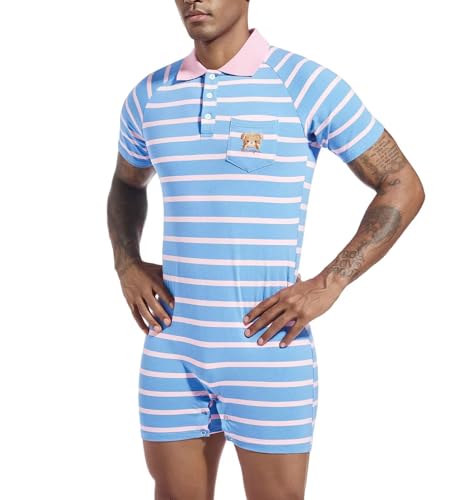 Mens Short Sleeve Romper Onesie One Piece Stripe Pajamas with Polo Collar2