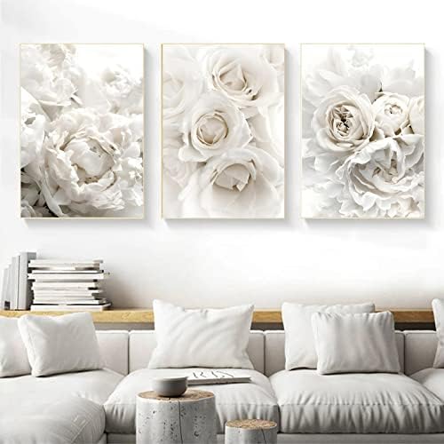 White Rose Canvas Wall Art White Flowers Picture for Living Room Bedroom Peony Flower Paintings White Floral Canvas Wall Art Abstract White Flower Wall Art Modern Flower Picture 16x24inchx3 Frameless