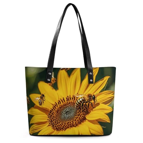 Sac à main en cuir motif litchi de qualité premium avec motif imprimé abeilles et tournesol
