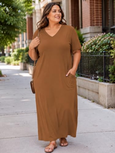 Image of PinkPatty Women's Plus Size Short Sleeve Maxi Dress Casual Loose V Neck Long Dress with Pockets