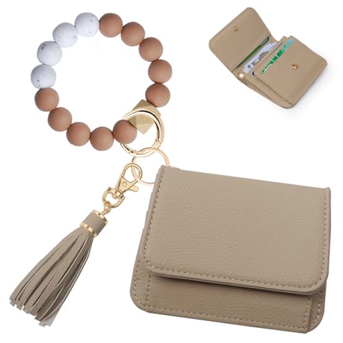 Image of Keychain Wallet for Women,RFID Wristlet Wallet with Beaded Strap | Tri-Fold Design,6 Card Slots,ID Window,Zipper Coin Pocket,Lightweight Carry