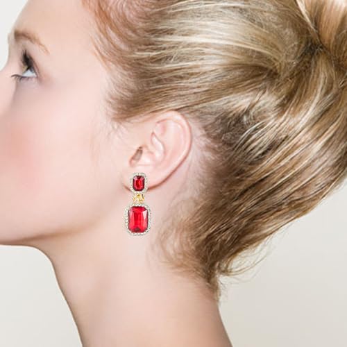 Crystal Square Shape Dangle Drop Clip on Earrings for Women(Red) — view 2