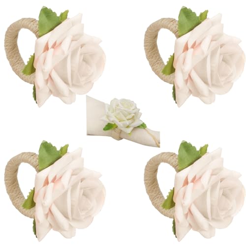 4-Pack White Rose Flower Napkin Rings – Elegant Handcrafted Floral Napkin Holders, Table Décor for Weddings, Christmas, Birthday Parties, and Banquets (White, Small)