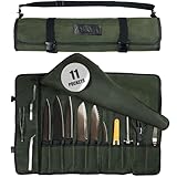 Asaya Waxed Canvas Chef Knife Roll Bag with 10 Slots and a Zipper Pocket - Professional Chef Knife Bag & Storage Case, with Shoulder Strap - Knives Not Included (Forest Green)