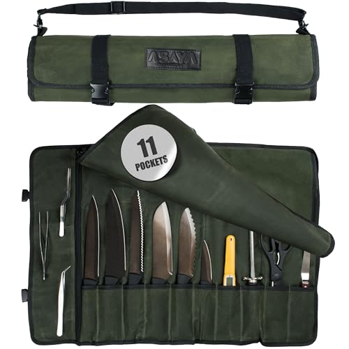 Asaya Canvas Chef Knife Roll Bag - 10 Knife Slots and a Large Zipper Pocket - Durable 10oz Canvas Knife Case with an Adjustable Shoulder Strap - Knives not Included (Forest Green)